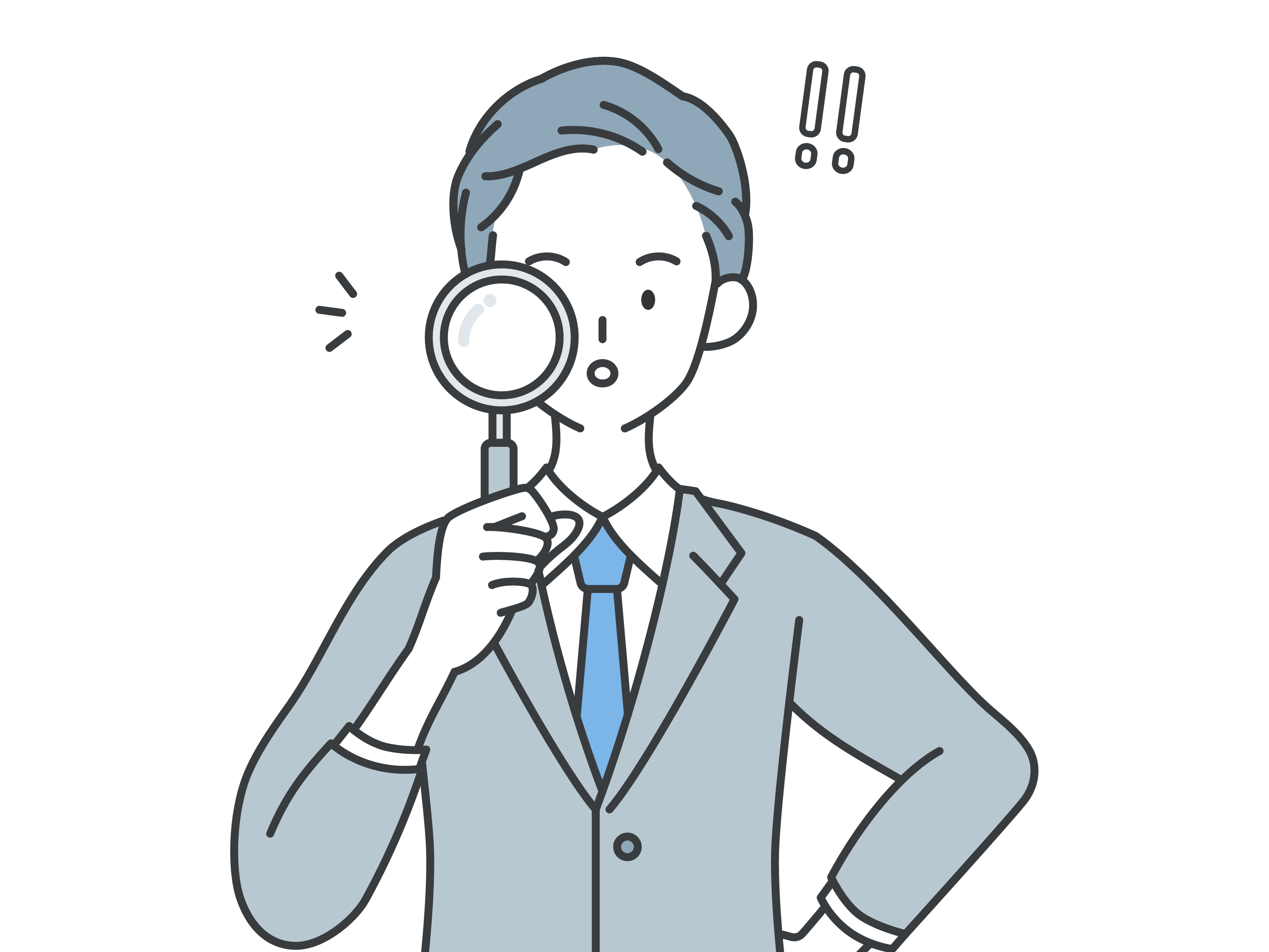 虫眼鏡で積みプラを確認する男性サラリーマン