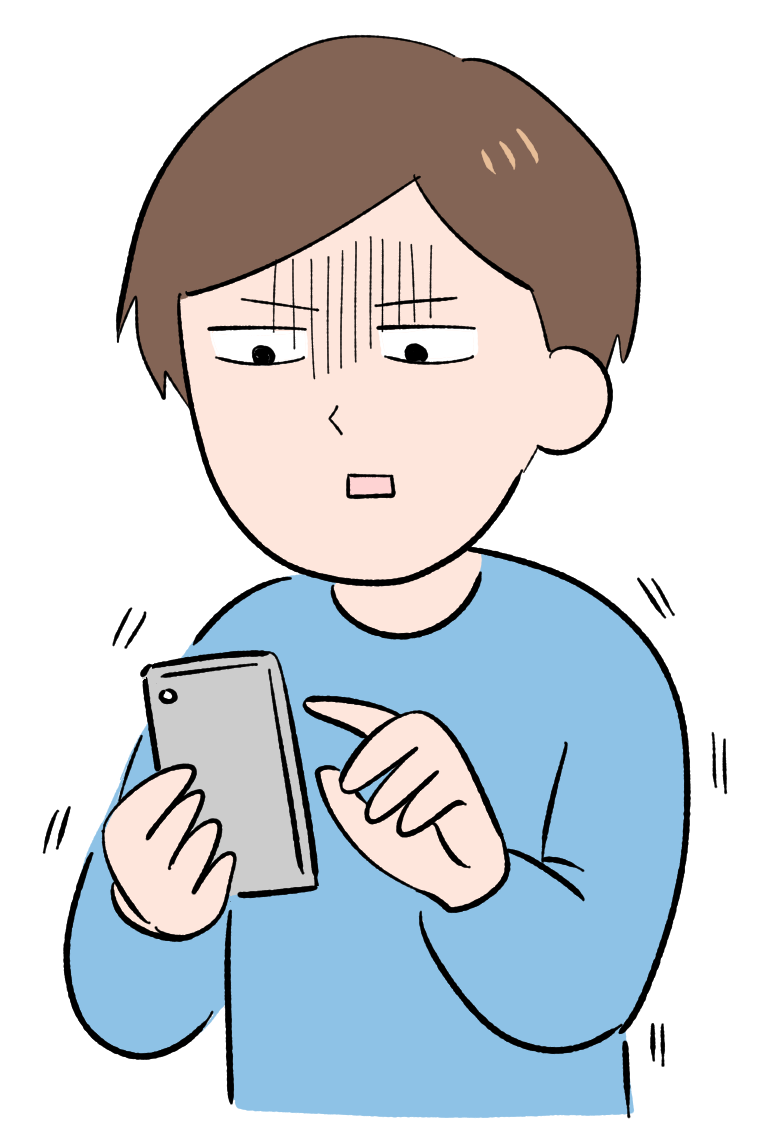 スマホのアプリで大量のプラモを売る作業をしていて疲労を感じる男性